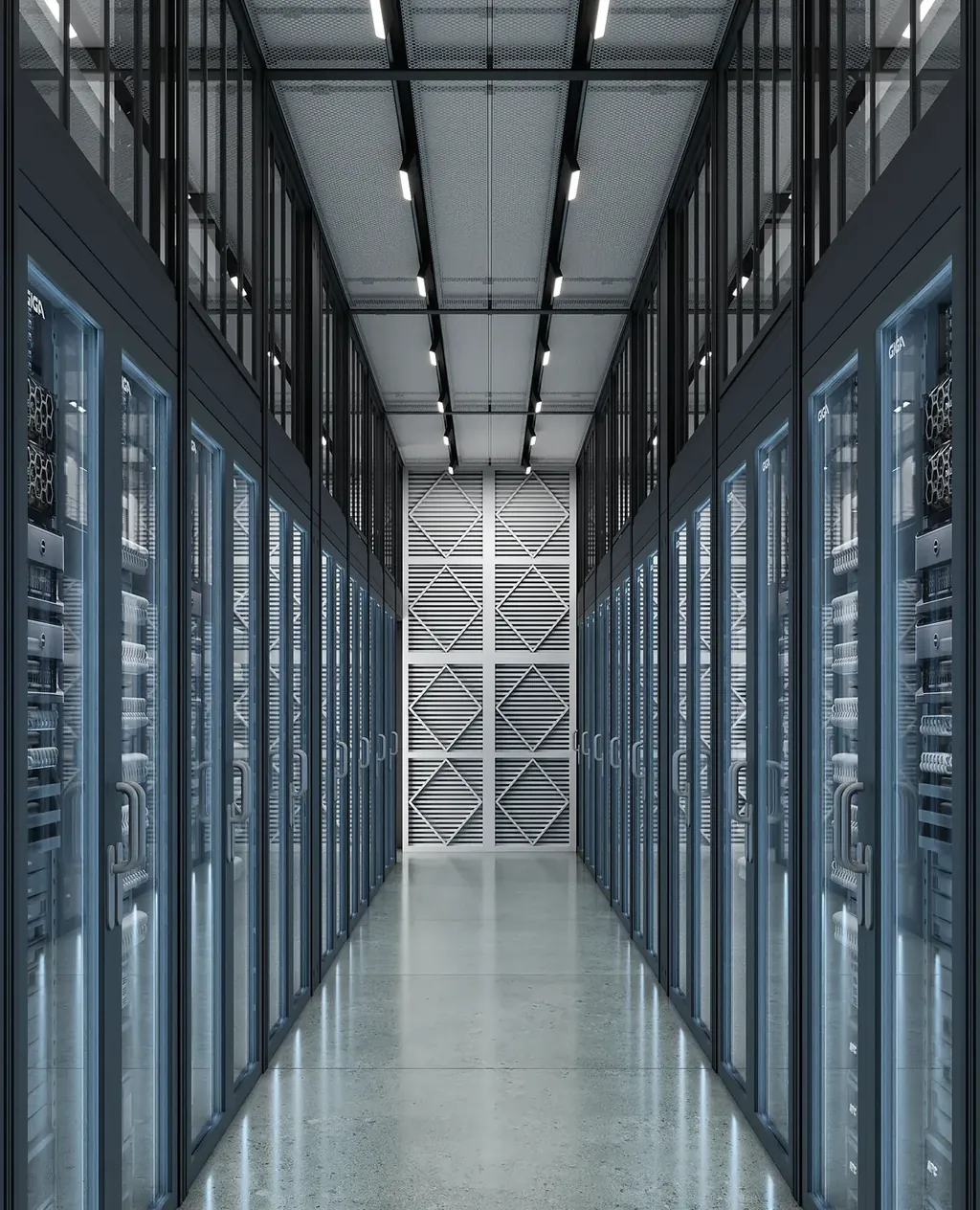 Portrait render of a server aisle inside an AI pod with lit racks on both sides