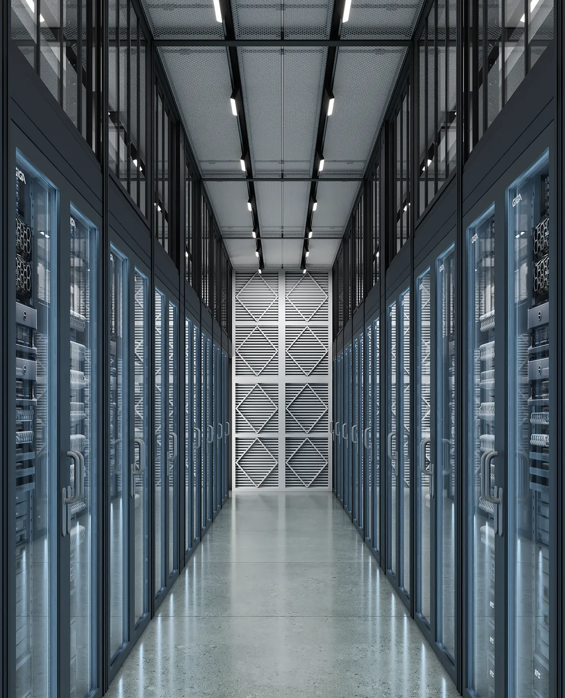 Renders de campus de data center de IA a partir de layouts 2D em uma semana Render vertical de um corredor de servidores dentro de um pod de IA com racks iluminados dos dois lados