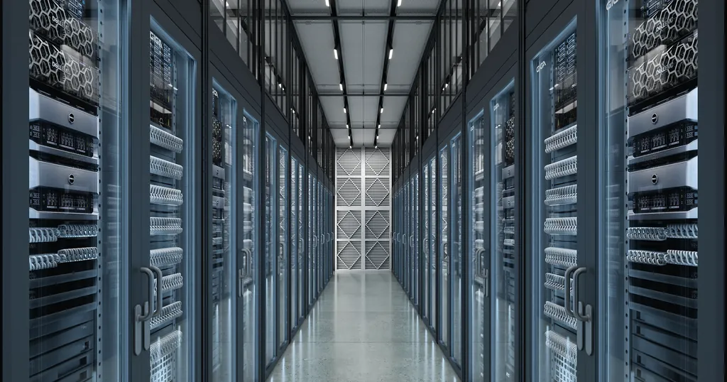 Rendering eines langen Servergangs zwischen Racks mit Glasfront im Pod eines KI-Rechenzentrums