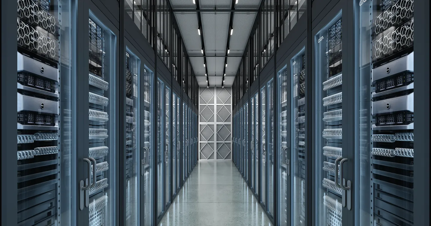 Render of the aisle inside an AI pod with glass-door server racks and a perforated end wall