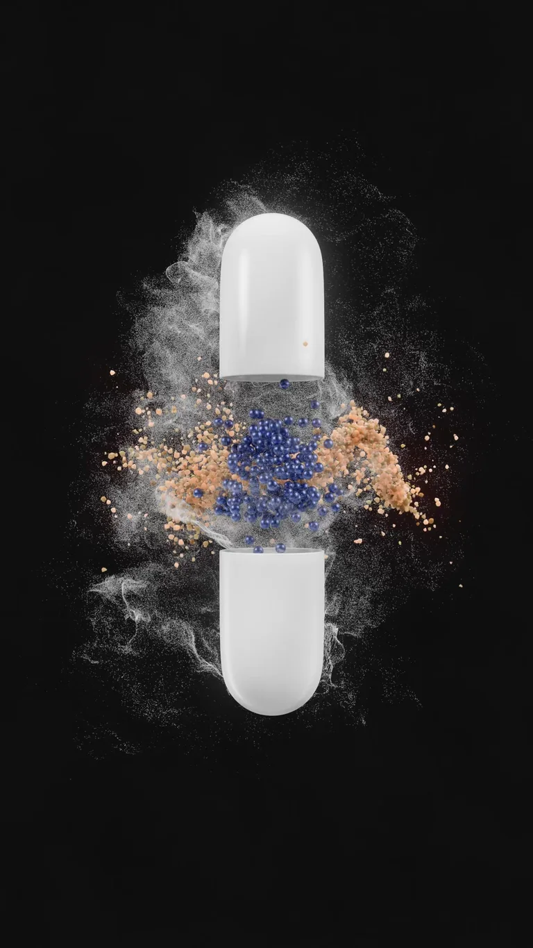 Vertical 3D animation frame of a white capsule splitting open as blue and orange granules burst out on black
