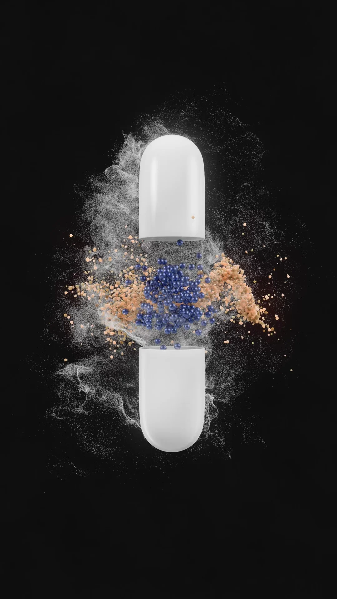 Vertical capsule reveal animation: the capsule opens and its ingredients disperse