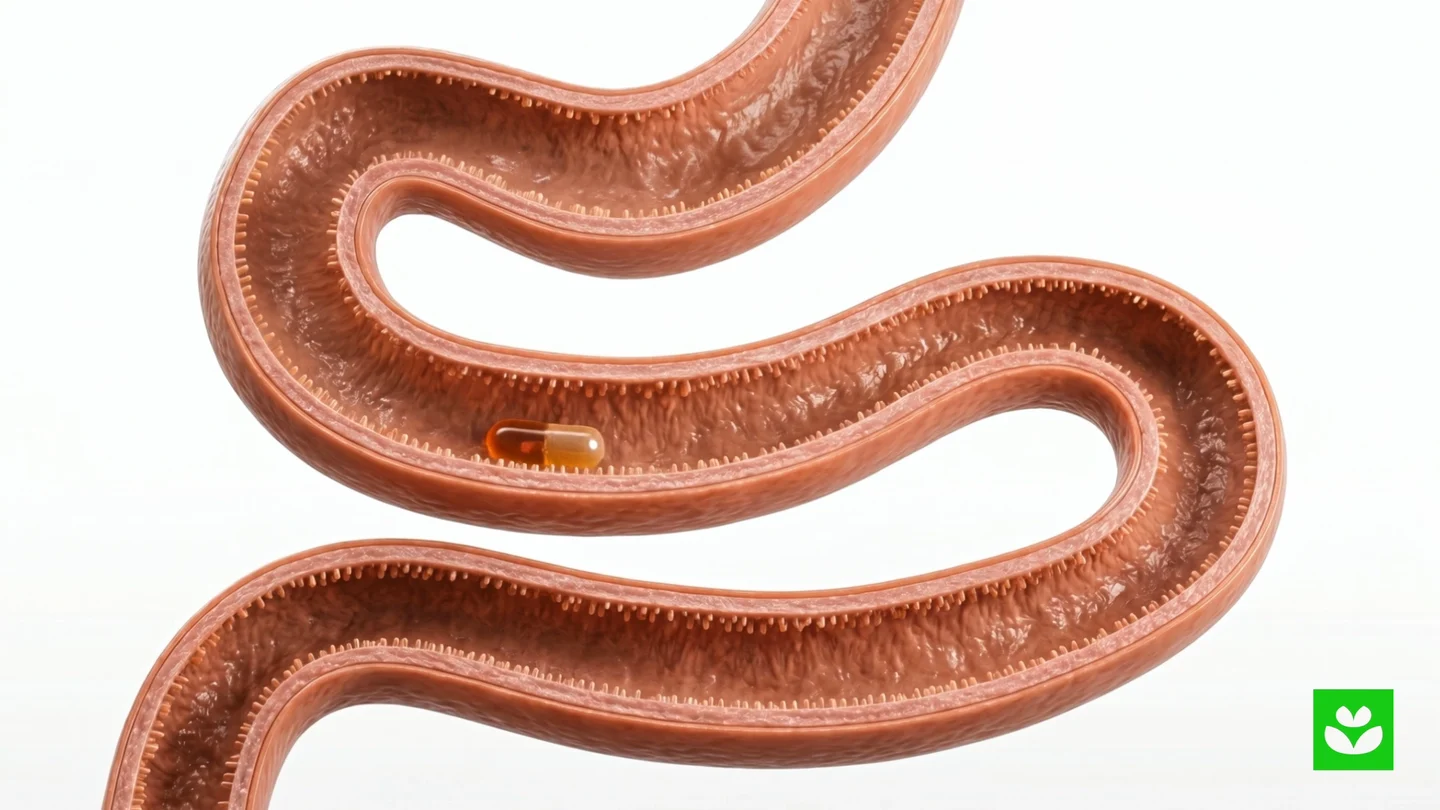 Still from a 3D mechanism-of-action animation: an amber capsule travelling through a cutaway of the intestine