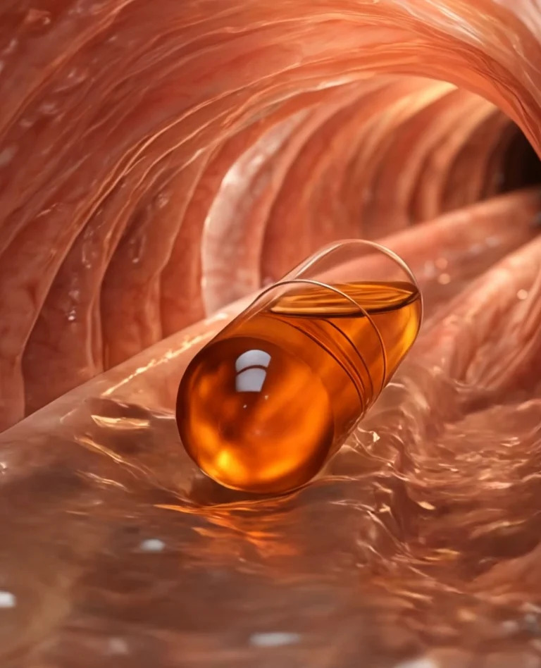 3D animation still of a golden capsule travelling through the intestine