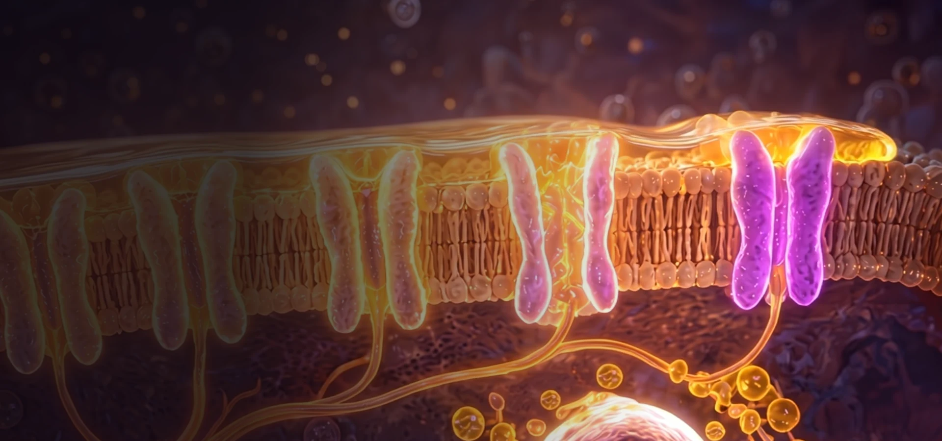 3D animation still of receptors lighting up along a cell membrane