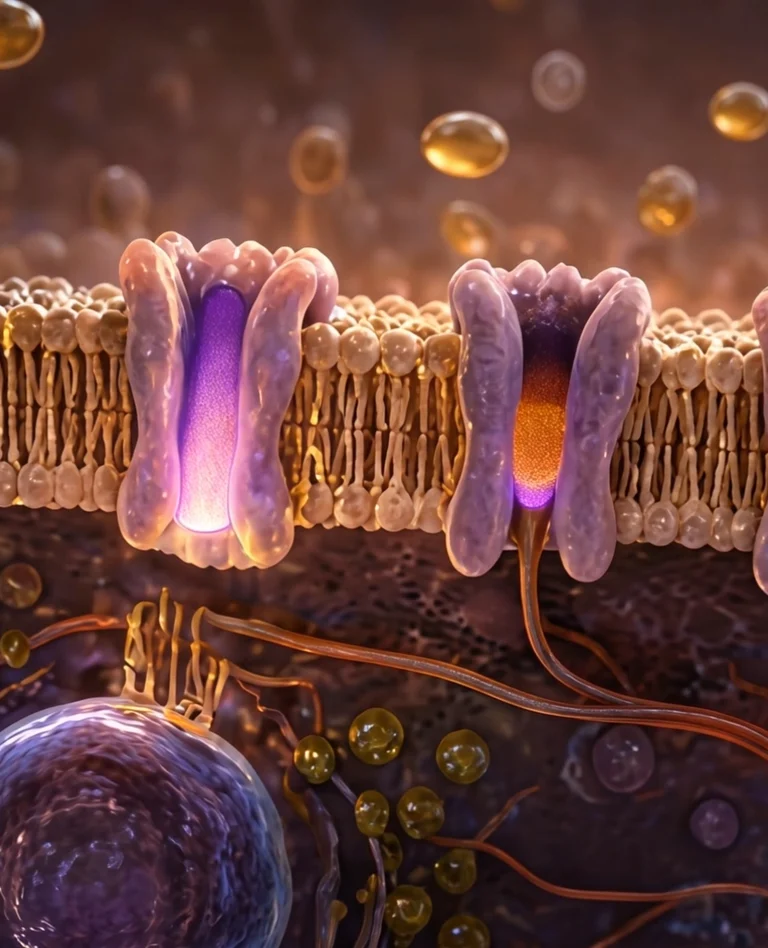 3D animation still of receptors lit violet in a cell membrane with signalling molecules above