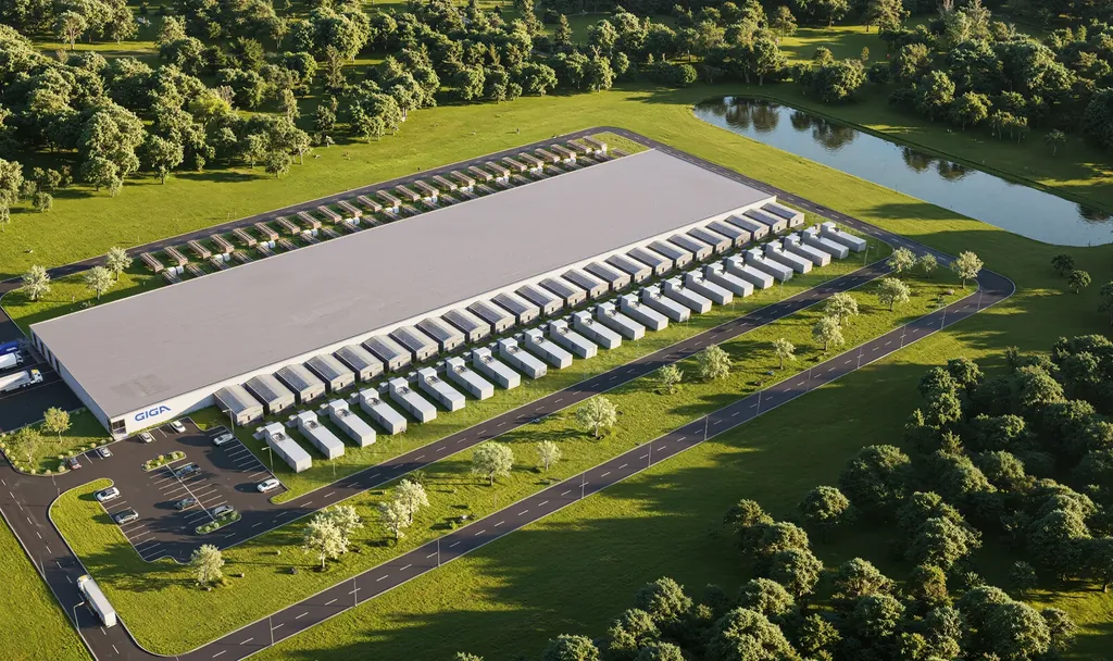 Aerial render of a data center campus showing the hall and its cooling infrastructure