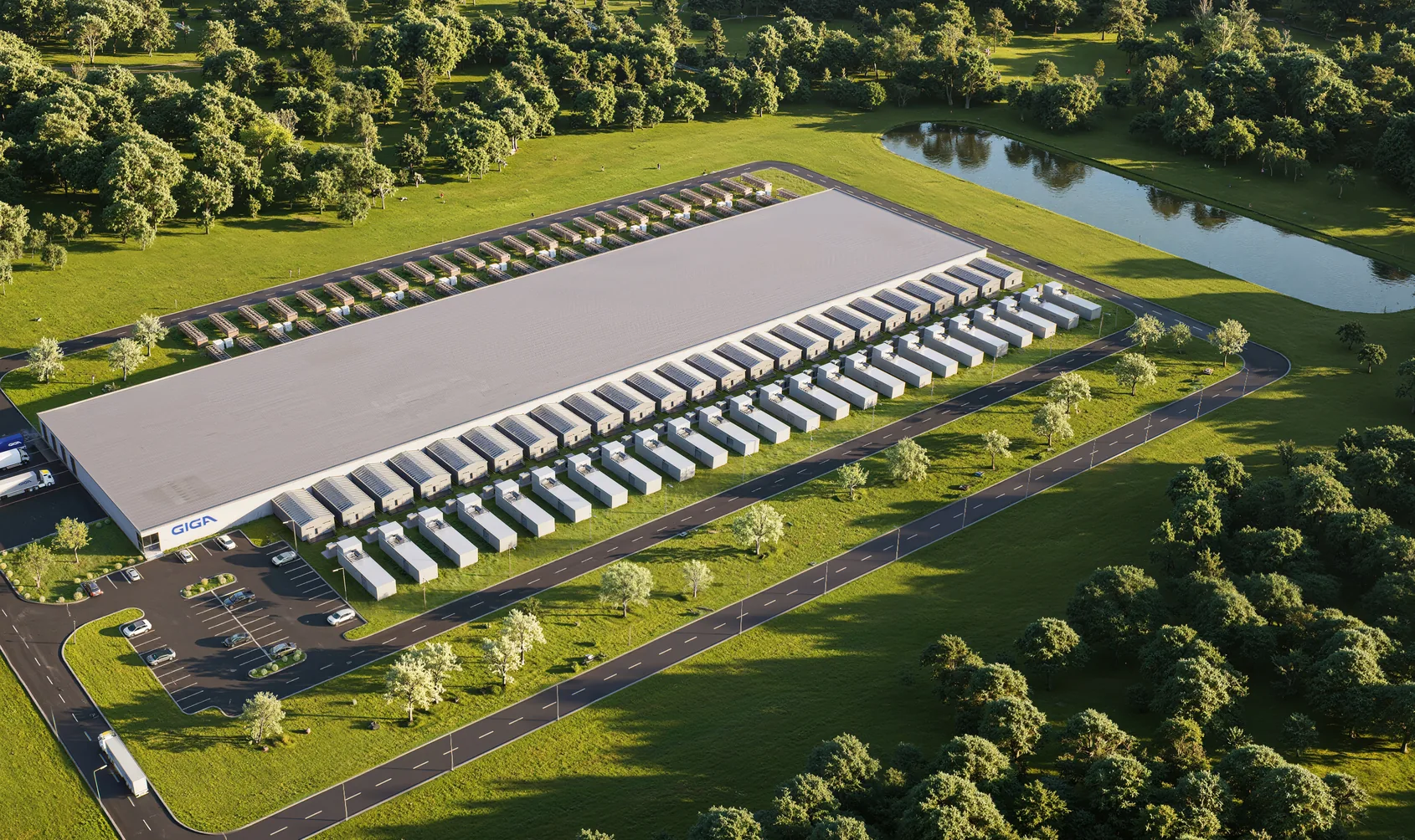 Aerial render of a data center campus showing the hall and its cooling infrastructure