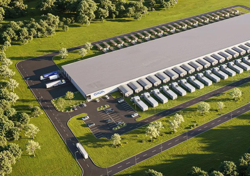 Aerial render of a data center entrance with truck access, parking and landscaping