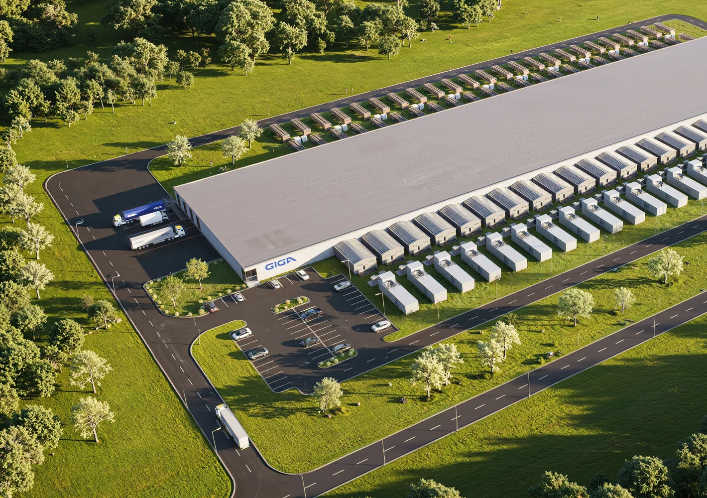 Aerial render of a data center hall entrance with truck access, parking and landscaping