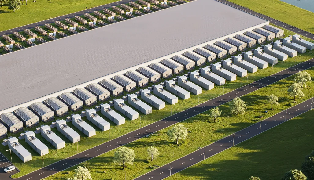 Aerial render detail of the cooling yard with rows of outdoor units beside a data center hall