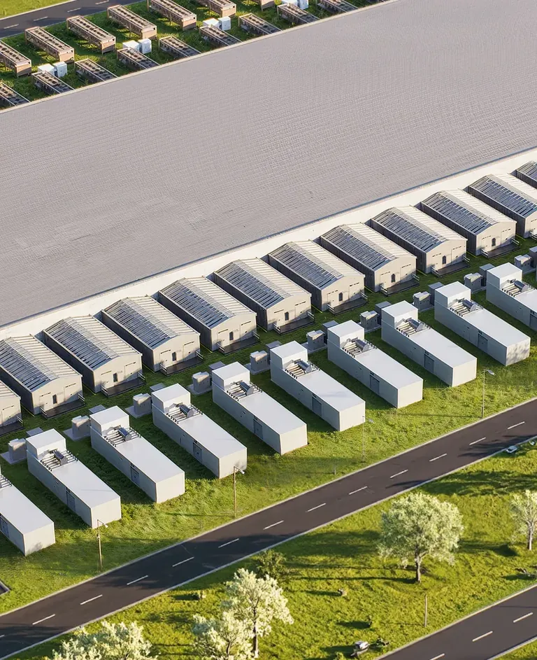 Aerial detail render of dry coolers lined up along the facade of a data center hall