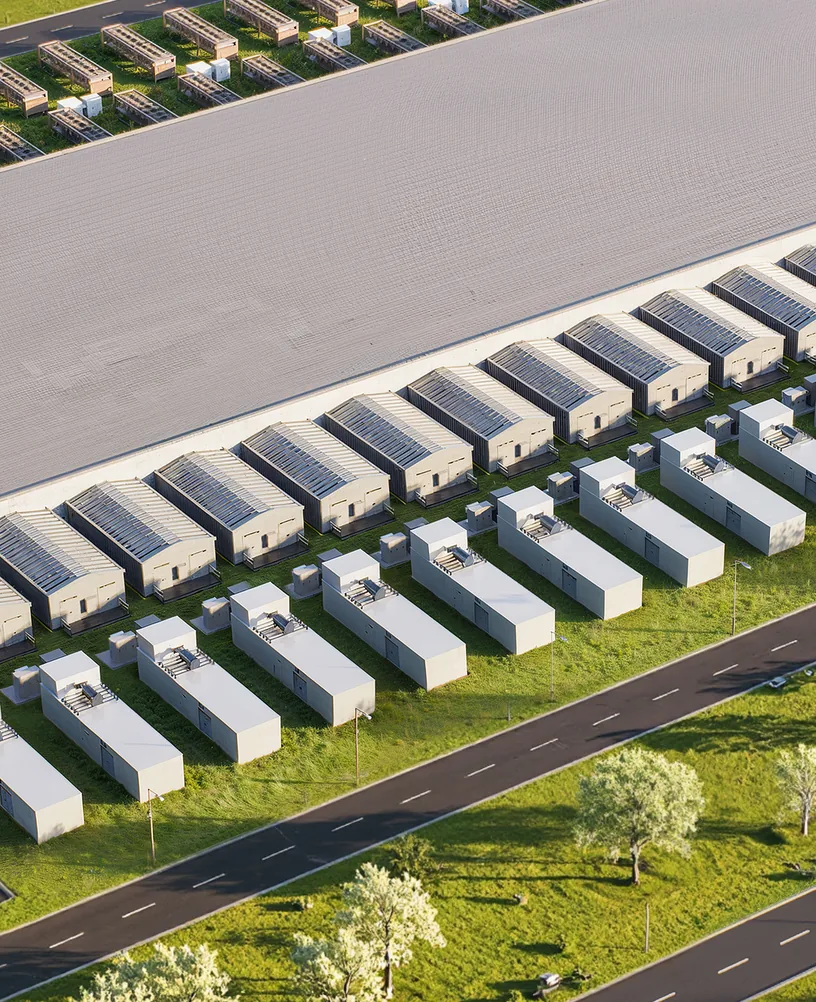 Row of dry coolers in a data center cooling yard
