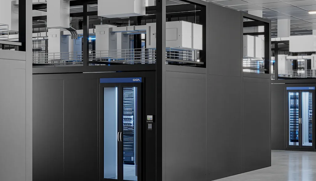 Render of an AI pod enclosure with a glass door and keypad
