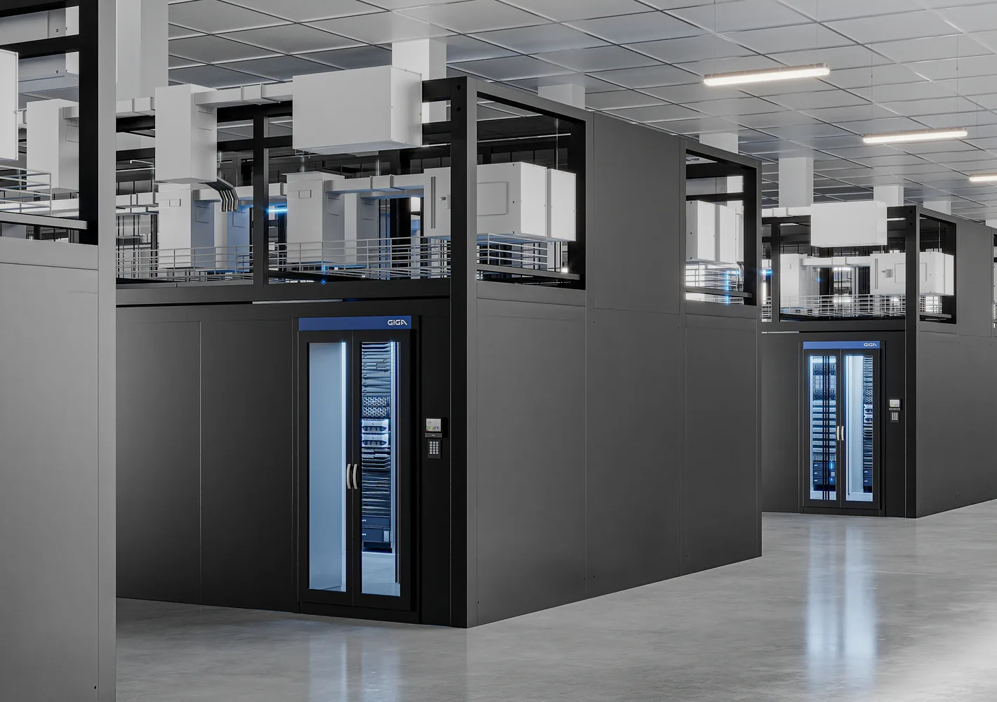 Render of an enclosed AI pod with a glass door and keypad inside a data hall