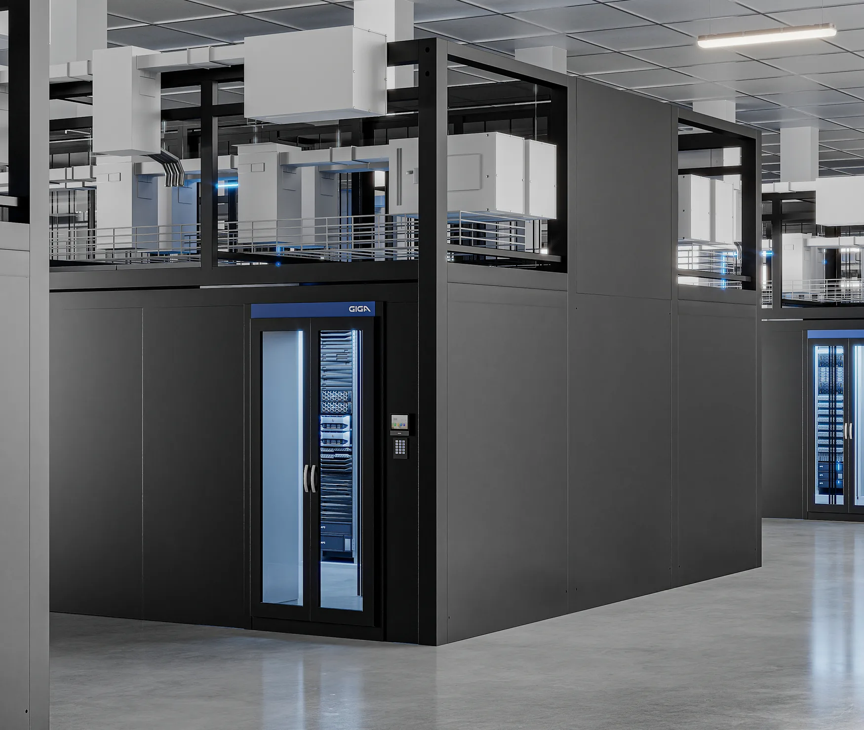 Data hall render of an enclosed AI pod with a glass door, keypad and overhead cooling units
