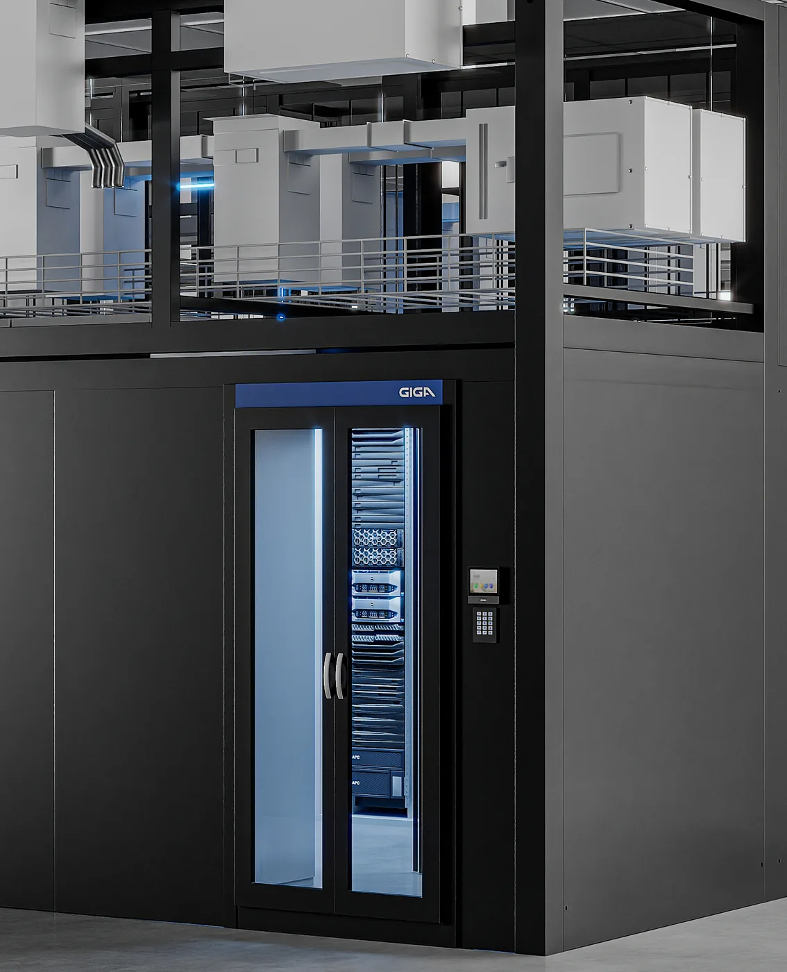 Portrait render of an AI pod entrance with a glass door and keypad in a data hall
