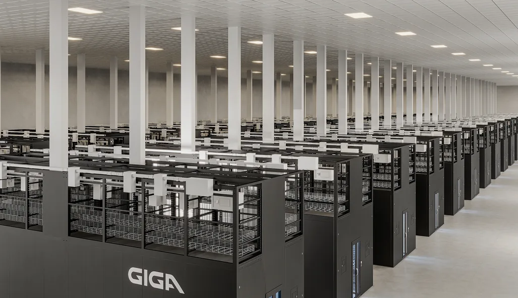 Render of branded AI pods repeated across a data hall, modeled from 2D drawings