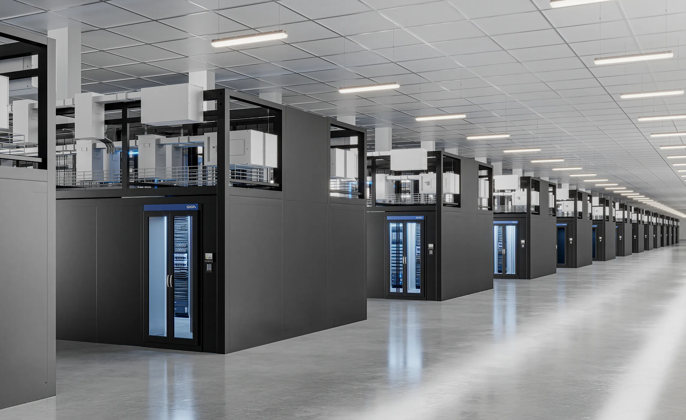 Render of a data hall with enclosed AI pods, overhead units and a long ceiling grid