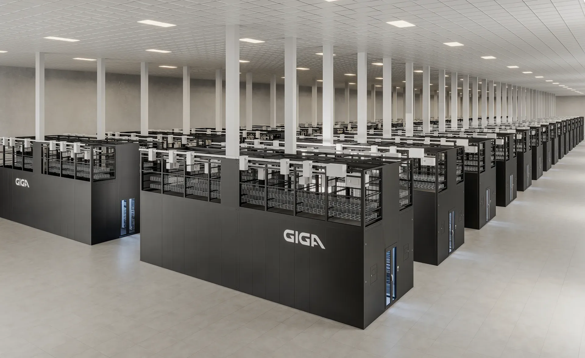 Render of rows of branded AI pods under white columns in a data hall
