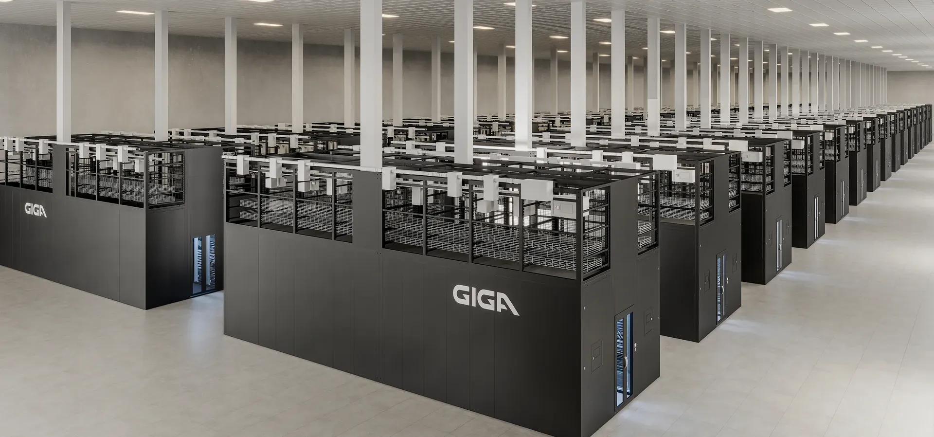 Wide render of a data hall with rows of branded AI pods, white columns and a tiled ceiling