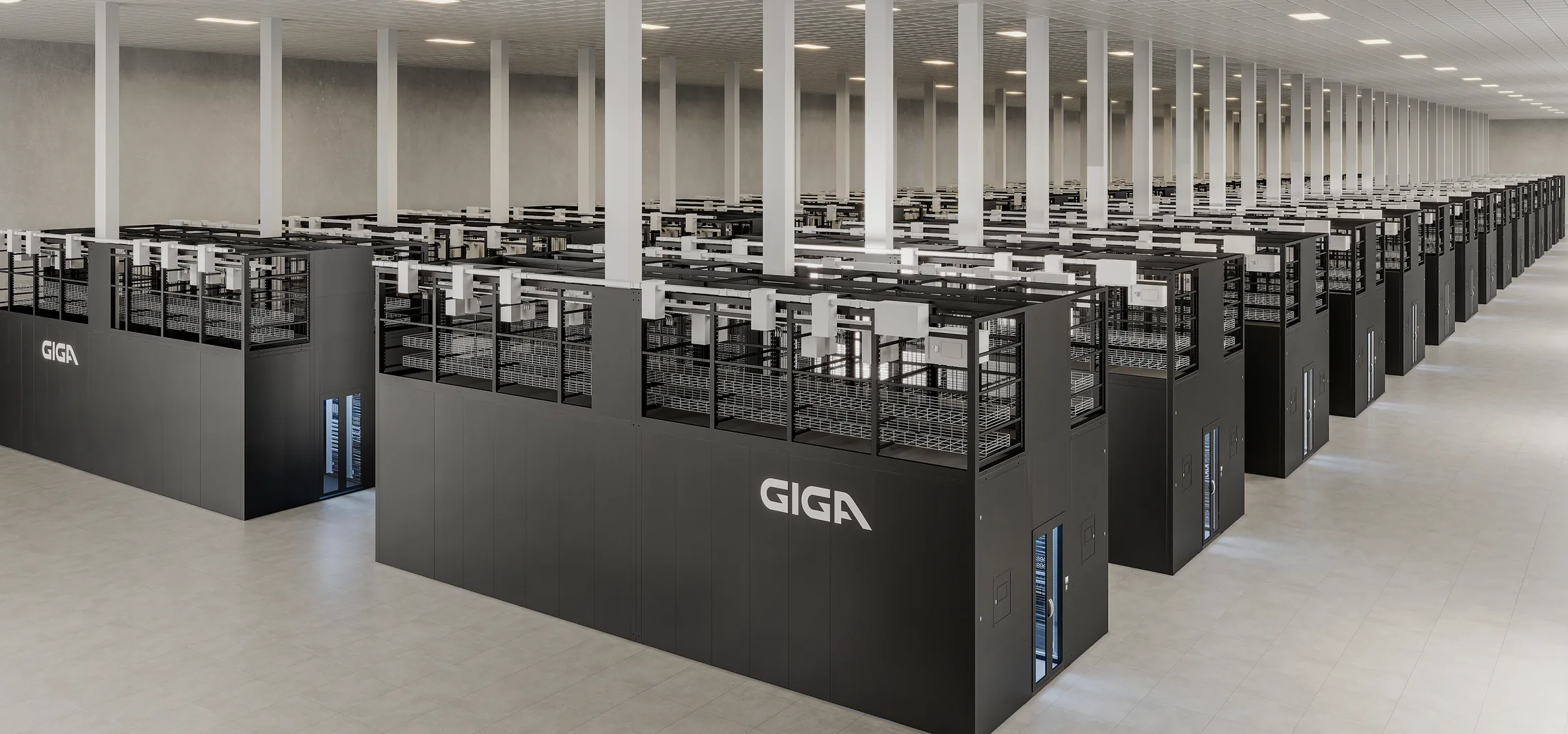 Renders de campus de data center de IA a partir de layouts 2D em uma semana Render amplo de um data hall com fileiras de pods de IA com marca, pilares brancos e forro modular