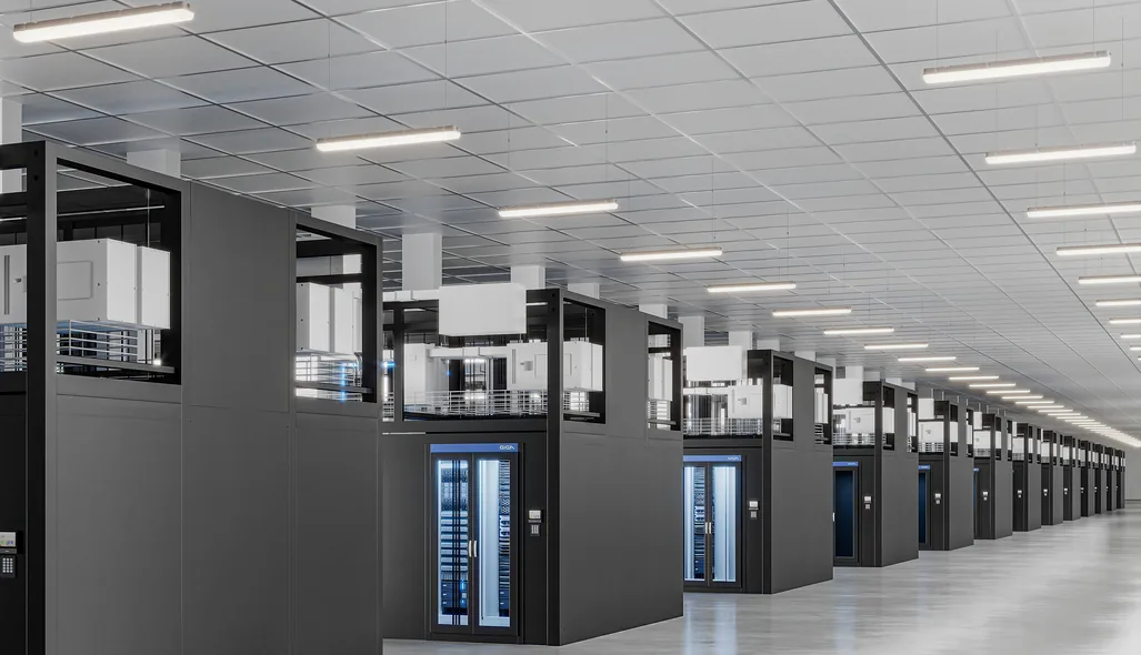 Render of modular AI pods standing in a row inside a bright data hall