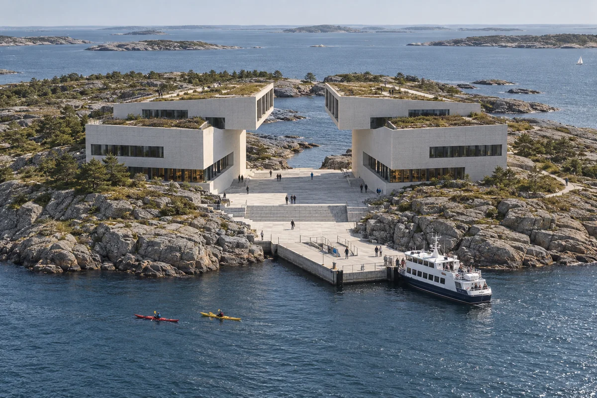 Stone buildings and ferry pier on an island archipelago, architectural 3D render