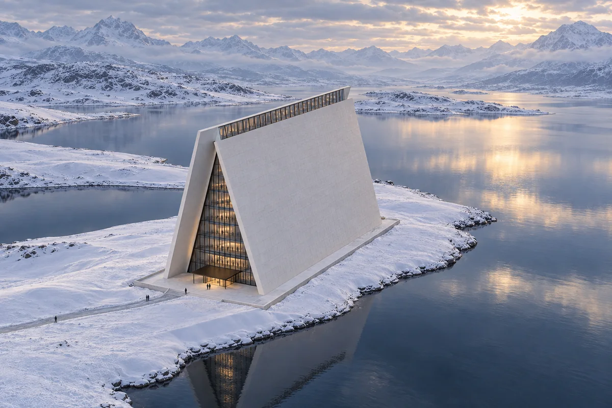 A-frame building on a snowy shore at dusk, architectural 3D render
