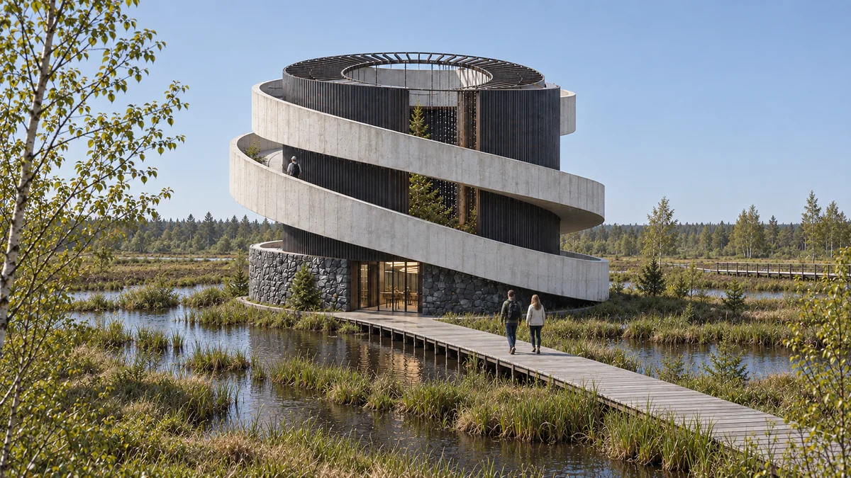 Spiral observation tower on a boardwalk in wetlands, architectural 3D render