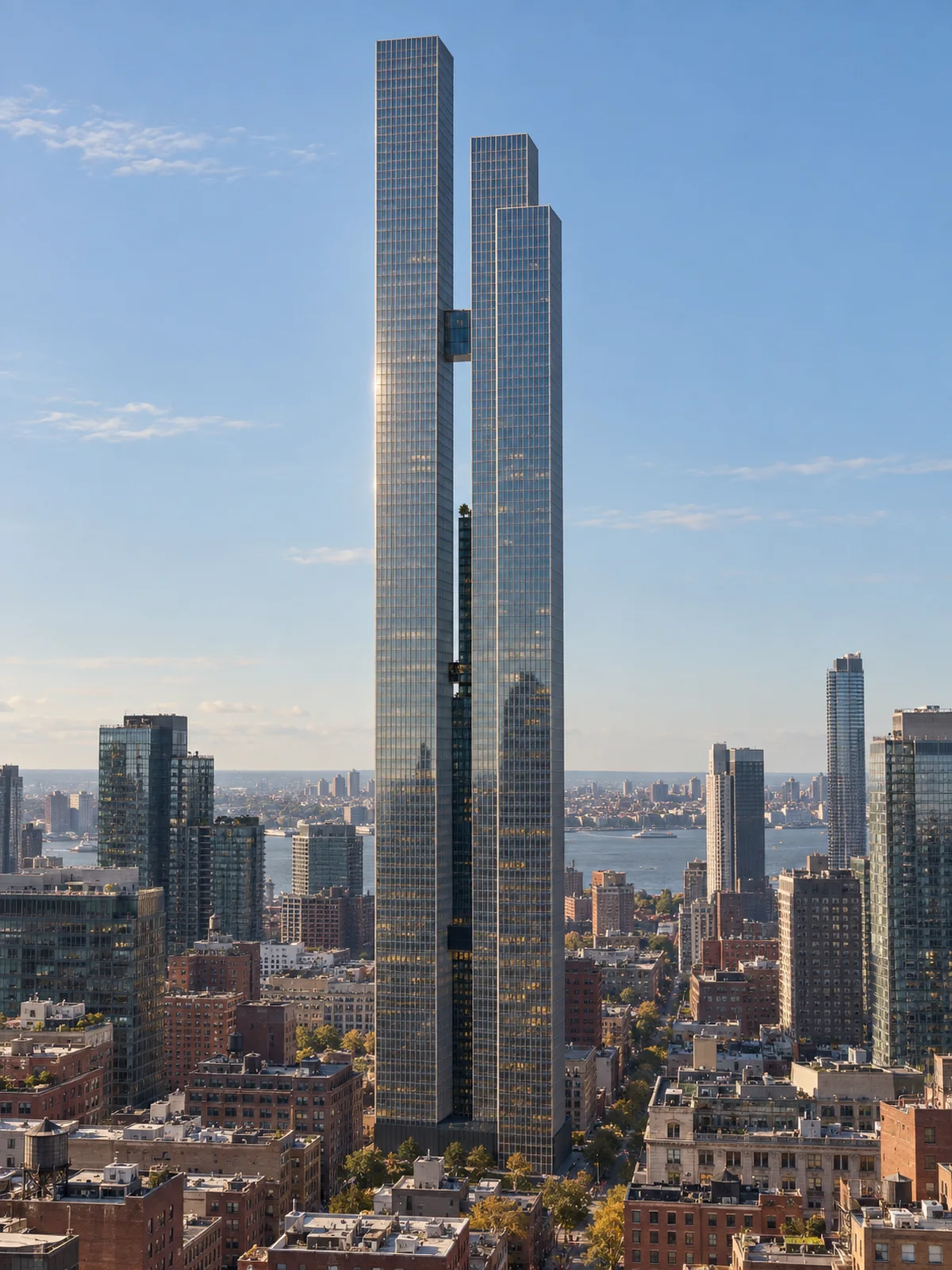 Slender glass twin towers over a waterfront city, architectural 3D render