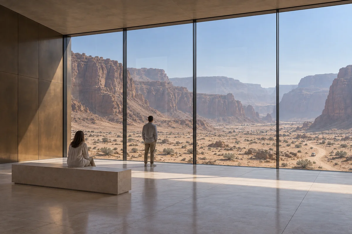 Gallery interior with a floor-to-ceiling canyon view, 3D interior render