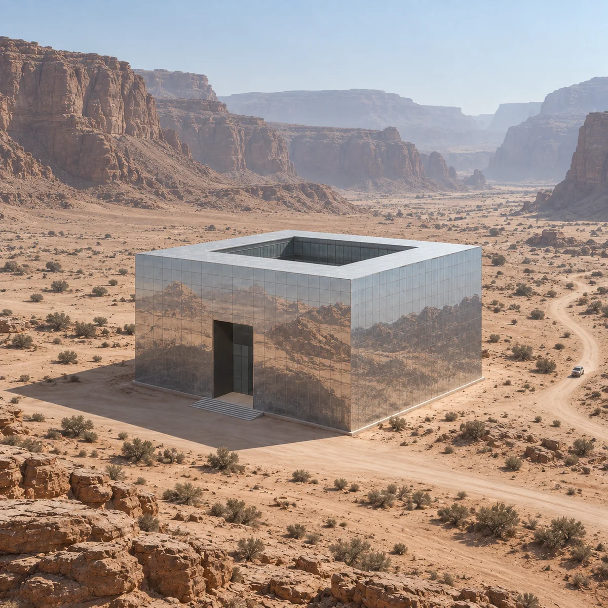 Mirrored cube pavilion in a desert canyon, architectural 3D render