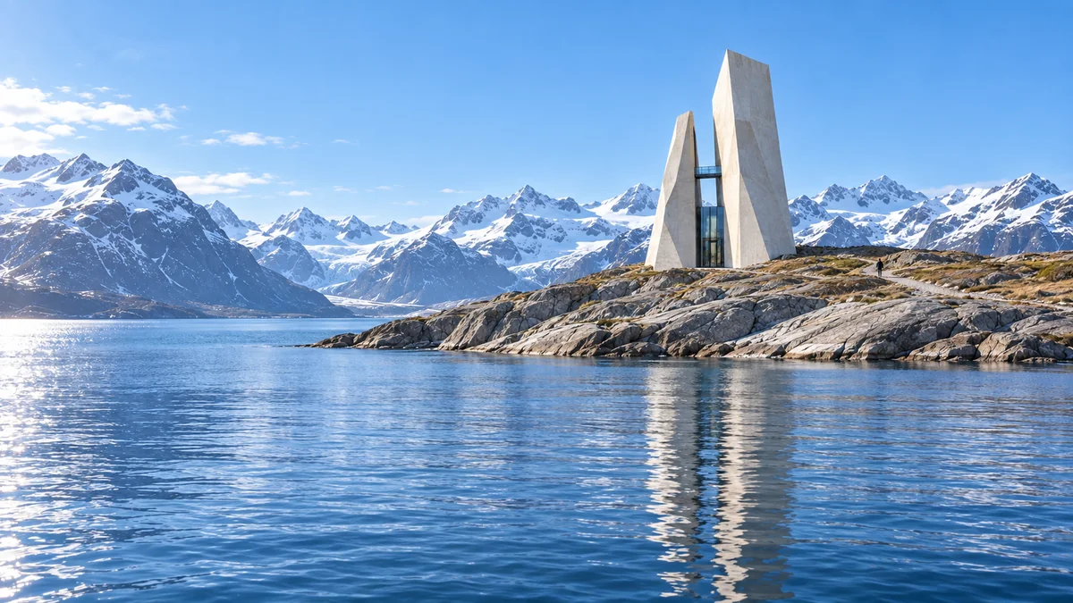 Twin concrete tower on a rocky fjord shore, architectural 3D render