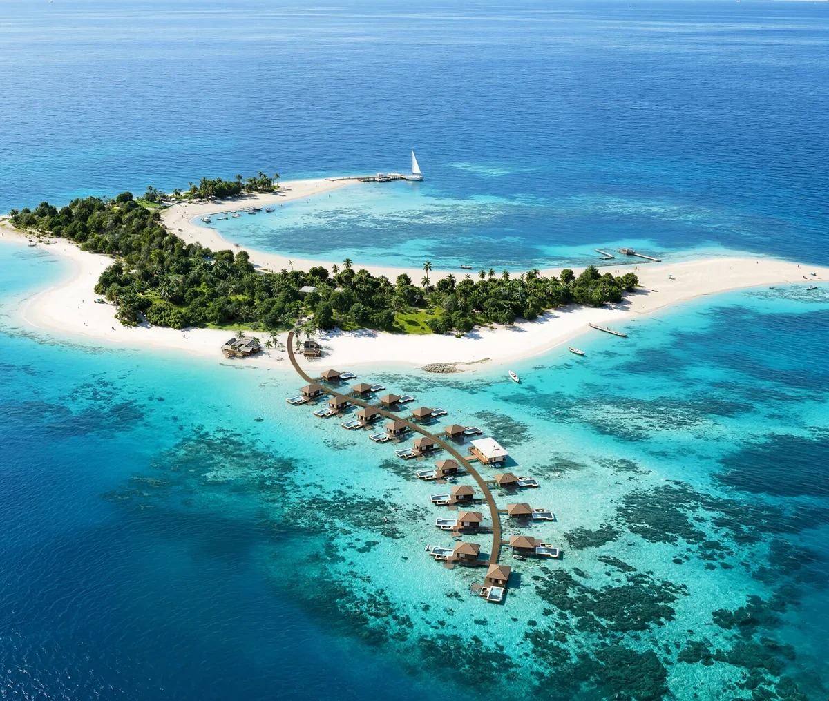 Maldives resort architecture CGI of overwater villas at Design Hotels Maldives
