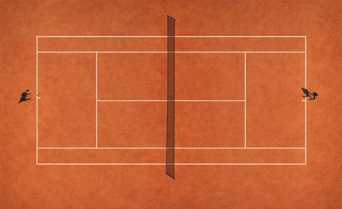 Clay tennis court design stylized top view with silhouette players jumping on opposite sides of net