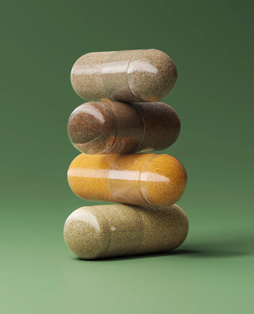 Portrait render of four stacked Nature Generation capsules with different ingredient fills on green
