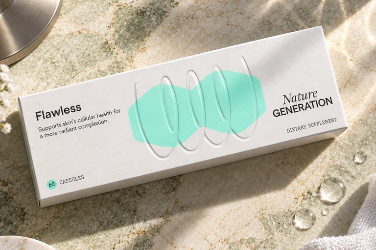Close-up of the Flawless carton lying on marble, with the embossed capsule outlines catching the sunlight