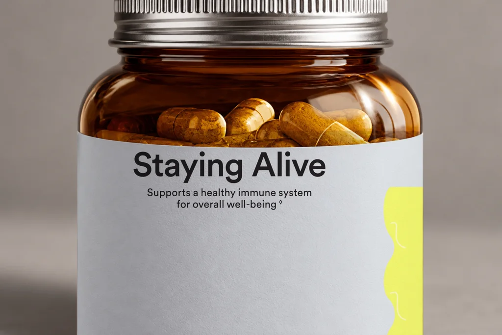 Gerenderde close-up van het etiket op de fles Staying Alive met amberkleurige capsules erin