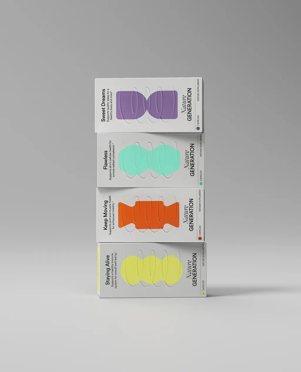 Portrait render of the four Nature Generation cartons stacked on a grey studio background