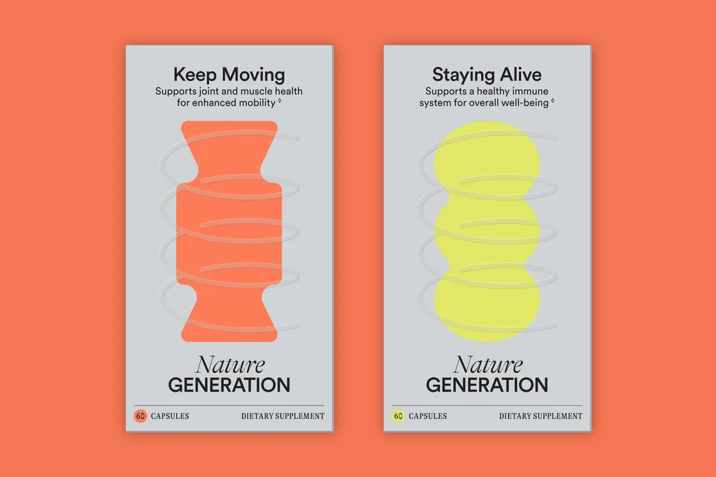 Keep Moving and Staying Alive cartons side by side on a coral background