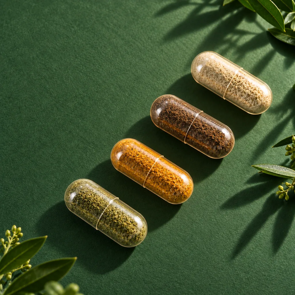 Four capsules with botanical fills on green