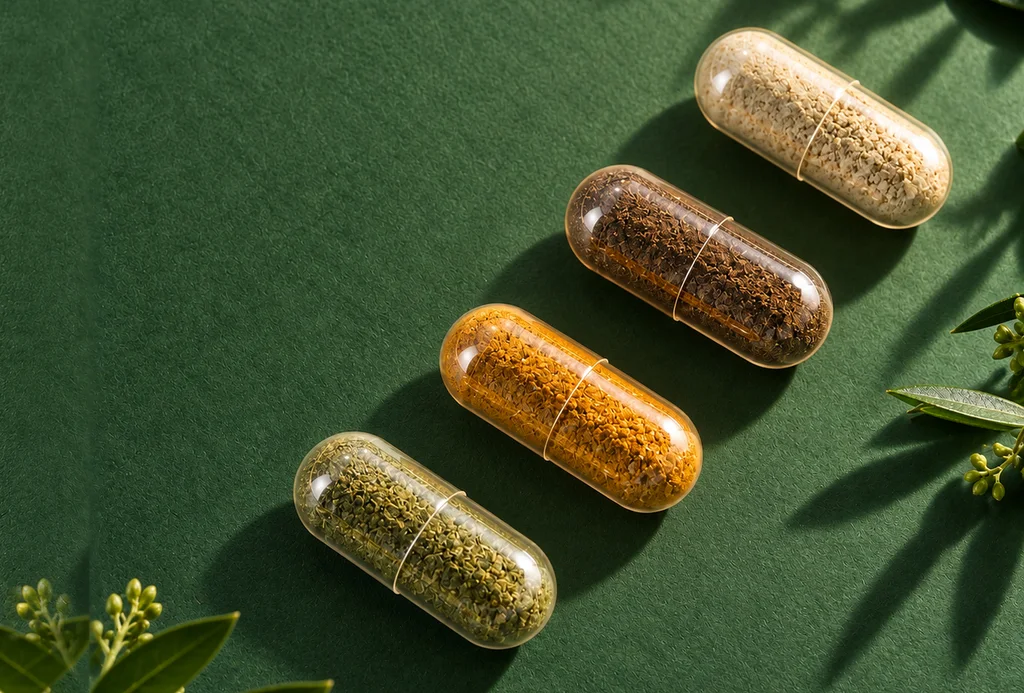 Macro render of four clear capsules filled with botanical ingredient powders on a green background
