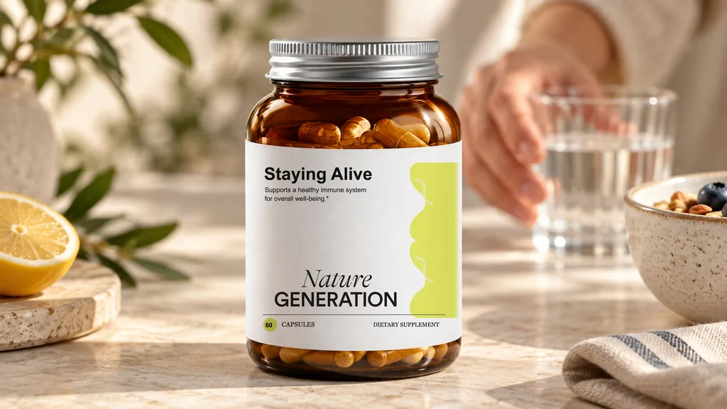 Hand reaching for a Staying Alive supplement bottle on a breakfast table