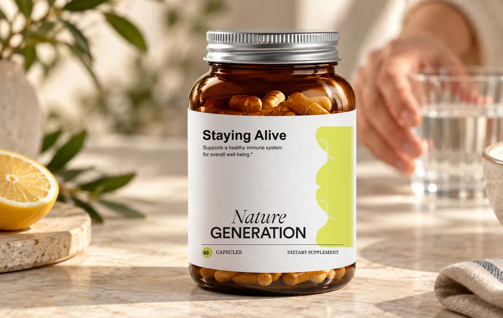 يد تمتد إلى كوب بجانب عبوة مكمل Staying Alive، رندر منتج ثلاثي الأبعاد