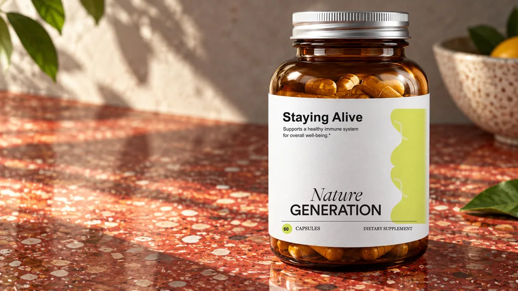 The amber Staying Alive bottle on red terrazzo