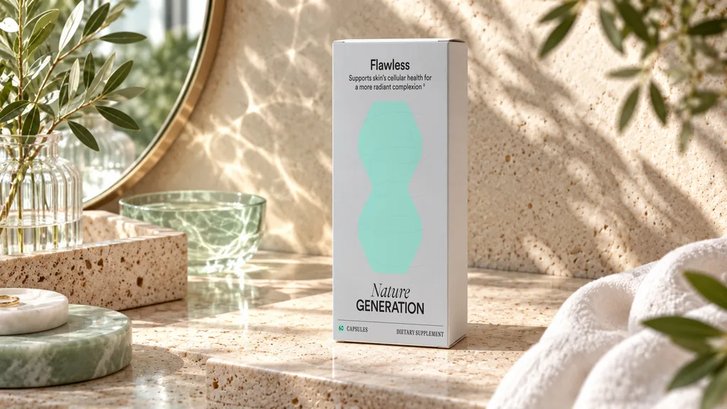 Nature Generation Flawless box on a stone vanity with a mirror and towel