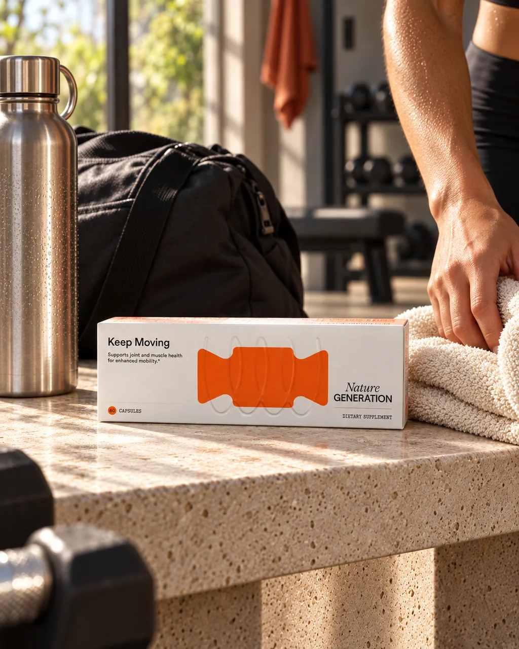 Nature Generation Keep Moving carton on a gym bench next to a sports bag