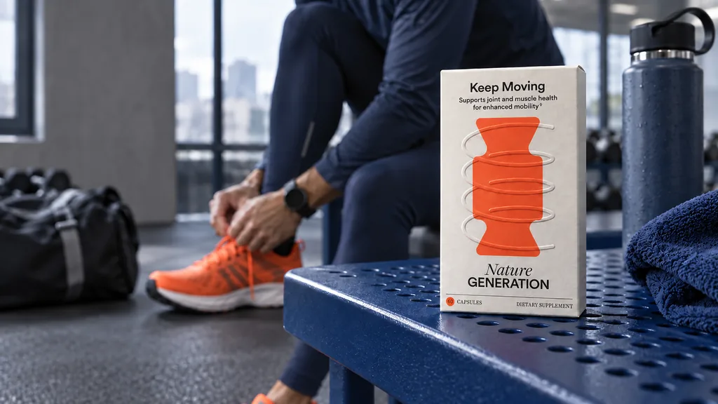 Keep Moving supplement carton on a gym bench while an athlete ties his running shoes
