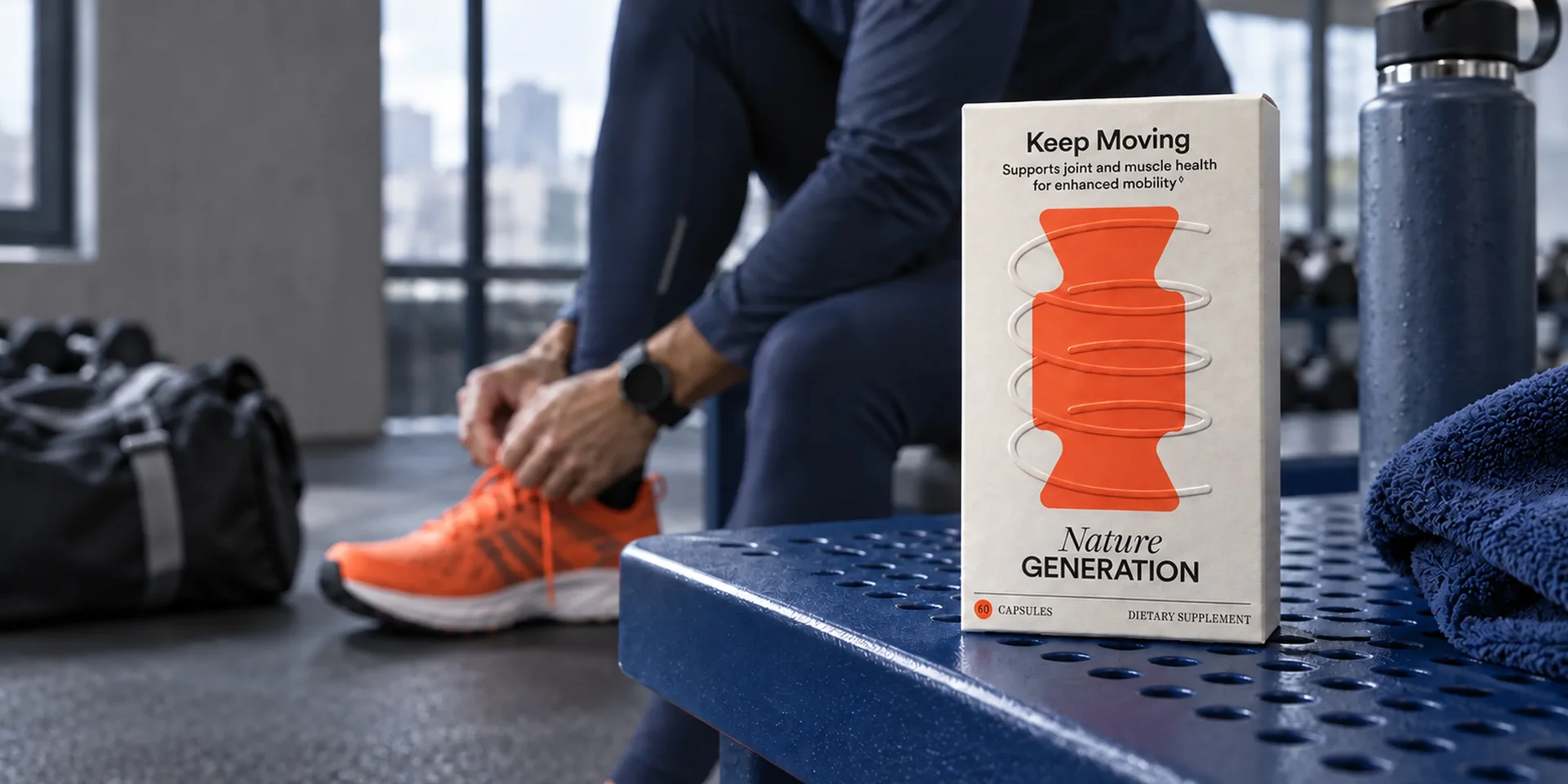 CGI-render van een doosje Keep Moving van Nature Generation op een fitnessbank terwijl een sporter zijn schoenen strikt